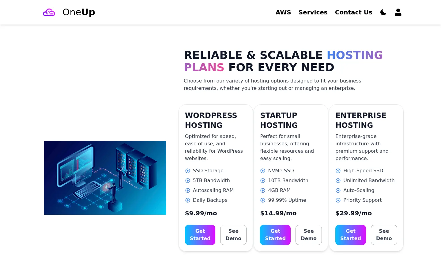 Public interface of OneUp: Digital Services & Hosting